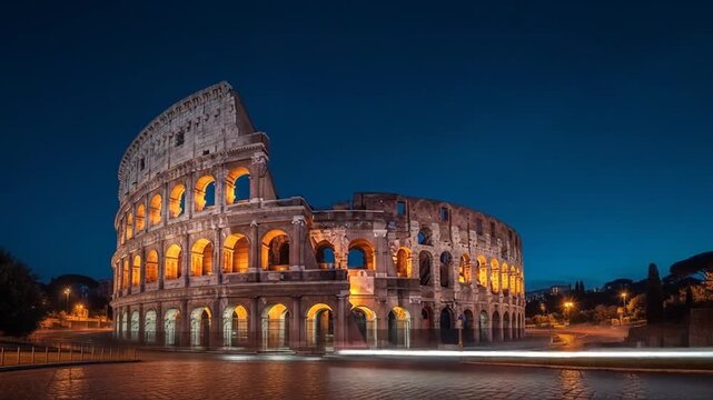 Rome's Majestic Colosseum at Night: A Timelapse of History and Illumination capturing the movement