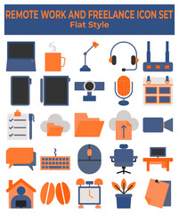 Remote Work and Freelance Icon Set – Flat Style Business, Office, Home Office, Online Communication, Productivity Tools Vector