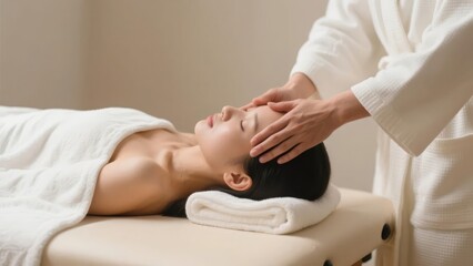 Obraz premium Person receiving a head massage in a serene spa setting