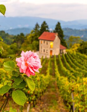 Pink rose in front of vineyard and house