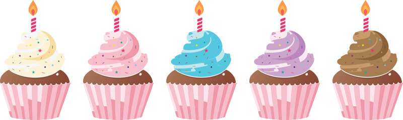happy birthday cupcake set  minimal illustration or clipart isolated on a transparent background
