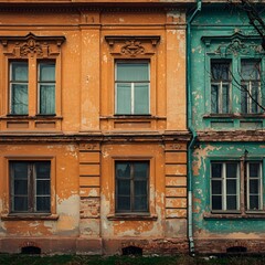 Fototapeta premium Vintage old building with bold contrasting colors, evoking nostalgic atmosphere and timeless charm of the past. Perfect for history, travel, and architecture themes.
