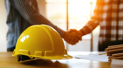 Construction teamwork with yellow safety helmet.