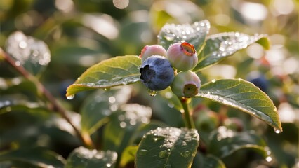 Fresh Blueberries on the Bush with Dew Drops