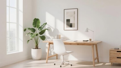 Minimalist Home Office with Wooden Desk, White Chair, and Large Plant Near Window