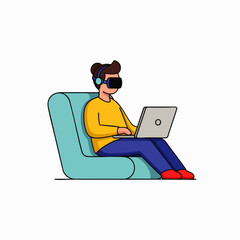 A person comfortably engages in remote work with a laptop and VR headset, embodying modern flexible work environments, integrated technology, and future productivity.