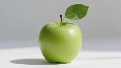 A fresh green apple with a single leaf, placed against a neutral background.