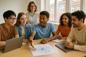 High school students working on science project together with supportive teacher