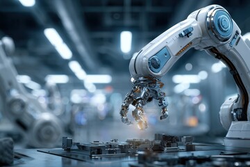 High tech industrial robotic arm operates in a modern manufacturing facility during daylight hours