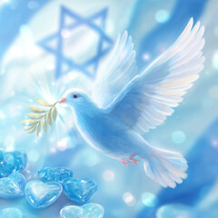 Fototapeta premium Dove carrying olive branch amidst blue hearts and Star of David, symbolizing peace and hope in a serene setting