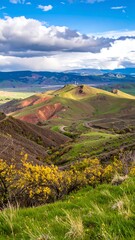 Mountain vista, winding road, colorful hills, vibrant landscape