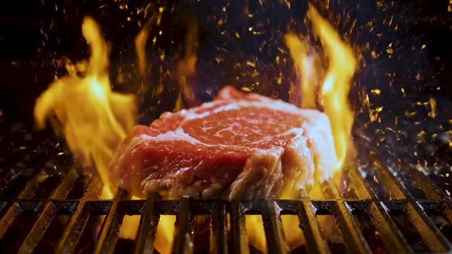 The sizzle you can almost hear. A perfect, thick-cut steak hits the grill, surrounded by a blaze of flames and smoke. This is the art of grilling at its most intense.