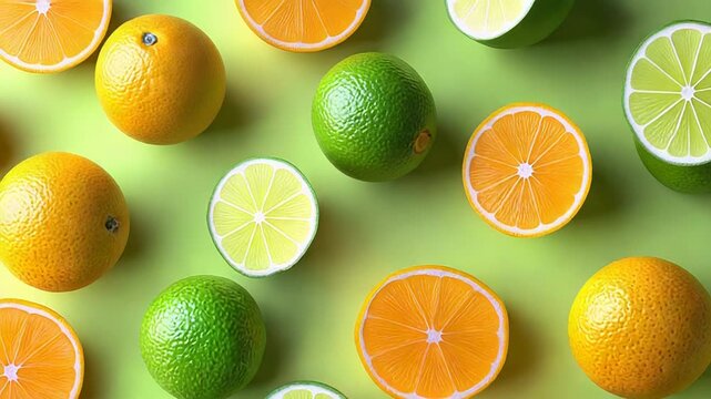 Fresh limes and oranges creating a vibrant citrus pattern on green background