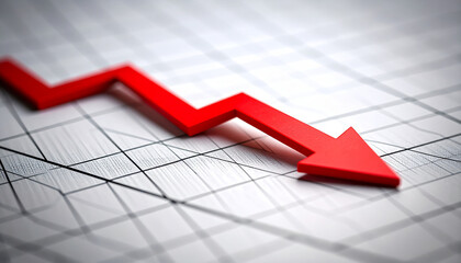 Minimalist white graph with clean lines and bold red arrow pointing downward. Financial decline