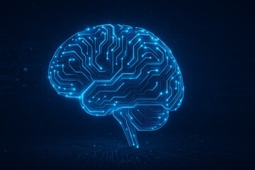 Glowing digital brain with circuit connections symbolizing artificial intelligence, deep learning, neural network technology.