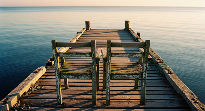 A moment of quiet contemplation two aged wooden chairs on a rustic pier merge with the serene waters, bathed in the soft, golden light of dawn, offering a peaceful escape