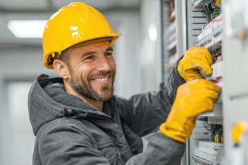 Electrician working diligently in a well-lit workshop, smiling as he connects wires, showcasing expertise and professionalism during a busy day
