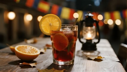 A refreshing iced tea with lemon slices served on a rustic table under warm lantern light.