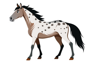 Stylized Appaloosa Horse Illustration Gracefully Walking with Black Mane and Tail and Characteristic Spotted Coat Pattern Against a White Background