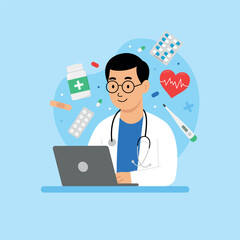 Doctor with laptop providing online medical consultation. Modern telemedicine concept with pills, thermometer, stethoscope and heart icon. Flat vector illustration of healthcare and digital medicine