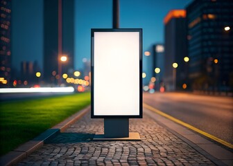 Vertical advertising screen mockup on a city sidewalk at night