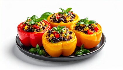 Colorful Stuffed Bell Peppers with Quinoa, Black Beans, and Basil on a Black Plate