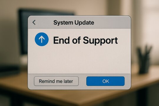 System update notification window with end of support message and option buttons remind me later and ok.