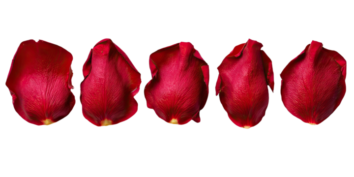 Close-up of five vibrant red rose petals, outlined in a dark shade, against a pure black background