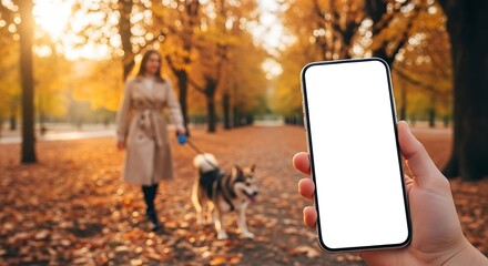 A woman walks her dog in the park during autumn while someone holds up their phone to take a picture mobile mockup