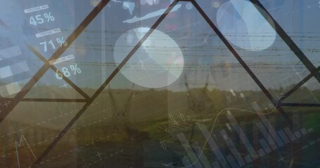 Animation of graphs and financial data over electricity poles at sunset - Powered by Adobe