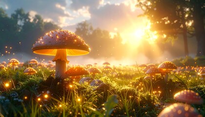 A meadow of giant mushrooms with luminous caps casting gentle light, surrounded by sparkling mist and intricately detailed natural textures