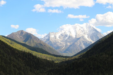 Fototapeta premium Majestic snow-capped mountain peaks pierce a clear blue sky Yala Snow Mountain Sichuan, China