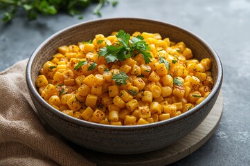 Large bowl of cooked corn kernels with fresh parsley and butter