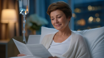 Fototapeta premium Immunotherapy Clinical Trial: A patient receiving immunotherapy in a clinic with an IV drip a medical chart and a serene hospital room. high quality photo ultra high detail