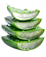 Fresh aloe vera slices stacked with water droplets close-up natural skincare ingredient transparent background