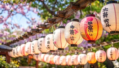 Japanese paper lanterns in spring blossoms