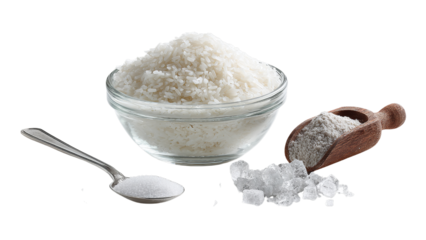 Glass bowl filled with white rice, styled with sugar and salt for cooking and recipe themes, isolated on a transparent background.