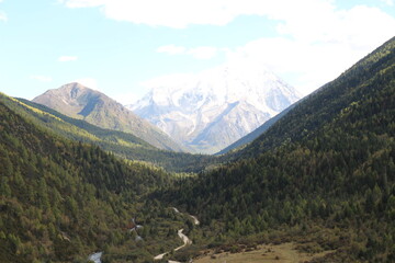 Fototapeta premium Majestic snow-capped mountain peaks pierce a clear blue sky Yala Snow Mountain Sichuan, China