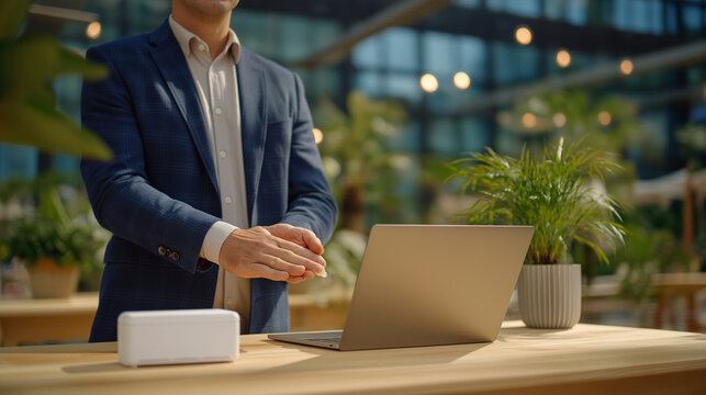 Hand Hygiene at Work: A worker in a blazer sanitizing hands in an office with a sanitizer pump a laptop and a modern desk setting. high quality photo ultra high detail 8K