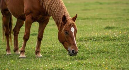 Obraz premium Chestnut Horse Grazing Peacefully in a Verdant Meadow Landscape with Wildflowers on a Summer Afternoon.