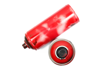 Used, dirty and stained red spray can isolated on white background, clipping path