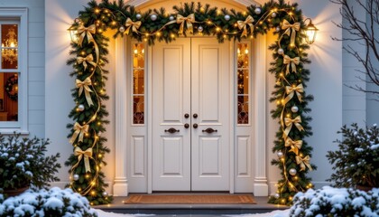 an elegant white front door decorated with symmetrical christmas garlands of pine branches, golden ribbons, and twinkling string lights, creating a luxurious winter holiday mood.
