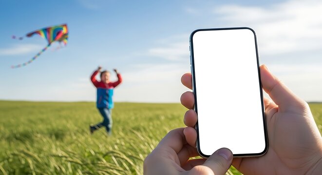 A person is holding a smartphone with a blank screen in a field with a child flying a kite in the background mobile mockup