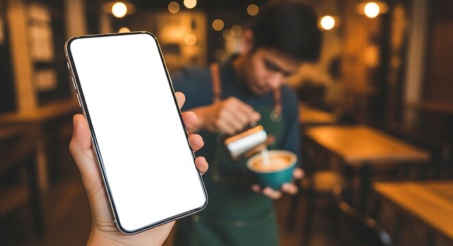 Closeup of a person holding a smartphone with a blank screen in a cafe, with a barista preparing coffee mobile mockup