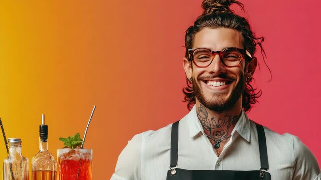 Bearded male bartender with tattoos, wearing glasses, posing cocktail and mixing tools