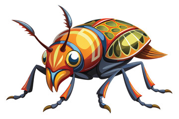 Colorful and Exaggerated Cartoon Beetle Illustration with Intricate Patterned Wings and a Vibrant Color Palette on a White Background