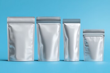 Packaged materials arranged in a neat collection on a bright blue background showcasing different sizes and shapes for versatile uses in various applications