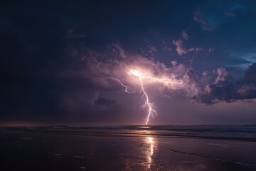 Watching lightning illuminate the beach sky during a stormy evening as waves crash softly on the shore