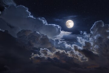 Night sky illuminated by a full moon surrounded by fluffy clouds and scattered stars in a serene atmosphere