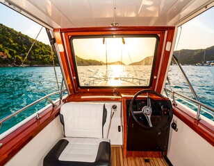 Boat cockpit at sunset
